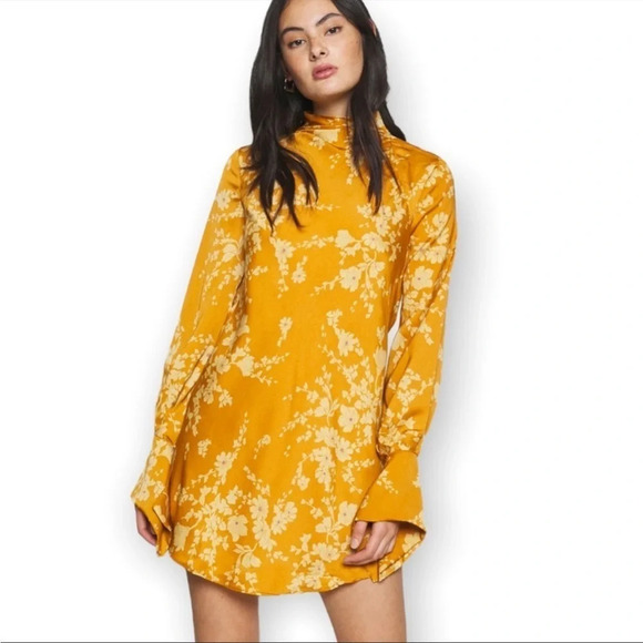 Free People Dress Aries Floral High Neck Open Back Dress Gold Floral XS - Picture 3 of 5